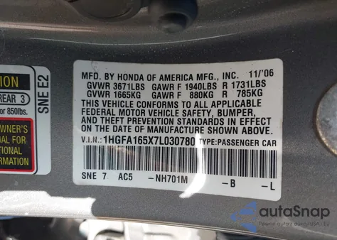 2007 Honda Civic Lx из США, поврежденный, VIN 1HGFA165X7L030780